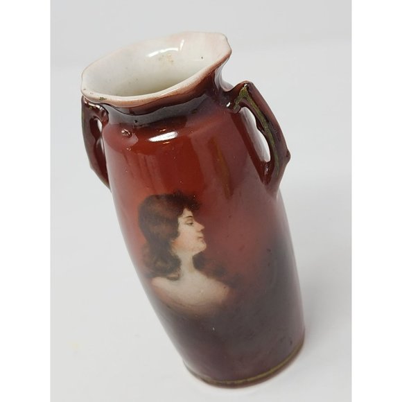 Vintage Vase With Portrait Of Lady Brown Porcelain Side Handles Ruffled Top Edge - Picture 1 of 9